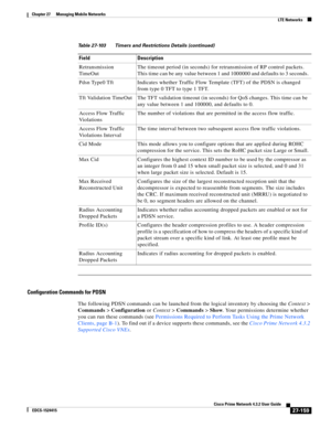 Page 893  
27-159
Cisco Prime Network 4.3.2 User Guide
EDCS-1524415
Chapter 27      Managing Mobile Networks
  LTE Networks
Configuration Commands for PDSN
The following PDSN commands can be launched from the logical inventory by choosing the Context> 
Commands> Configuration or Context> Commands> Show. Your permissions determine whether 
you can run these commands (see Permissions Required to Perform Tasks Using the Prime Network 
Clients, page B-1). To find out if a device supports these commands, see the...