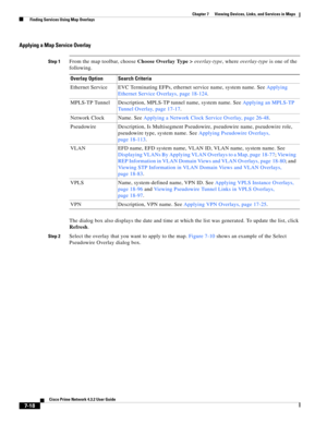 Page 92  
7-18
Cisco Prime Network 4.3.2 User Guide
Chapter 7      Viewing Devices, Links, and Services in Maps
  Finding Services Using Map Overlays
Applying a Map Service Overlay
Step 1From the map toolbar, choose Choose Overlay Type >overlay-type, where overlay-type is one of the 
following.
The dialog box also displays the date and time at which the list was generated. To update the list, click 
Refresh.
Step 2Select the overlay that you want to apply to the map. Figure 7-10 shows an example of the Select...