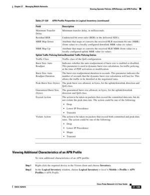 Page 919  
27-185
Cisco Prime Network 4.3.2 User Guide
EDCS-1524415
Chapter 27      Managing Mobile Networks
  Viewing Operator Policies, APN Remaps, and APN Profiles
Viewing Additional Characteristics of an APN Profile
To view additional characteristics of an APN profile:
Step 1Right-click the required device in the Vision client and choose Inventory. 
Step 2In the Logical Inventory window, choose Logical Inventory > local> Mobile > Profile > APN 
Profiles > APN Profile. Minimum Transfer 
DelayMinimum transfer...