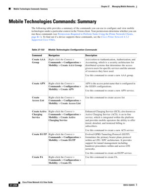 Page 938  
27-204
Cisco Prime Network 4.3.2 User Guide
EDCS-1524415
Chapter 27      Managing Mobile Networks
  Mobile Technologies Commands: Summary
Mobile Technologies Commands: Summary
The following table provides a summary of the commands you can use to configure and view mobile 
technologies under a particular context in the Vision client. Your permissions determine whether you can 
run these commands (see Permissions Required to Perform Tasks Using the Prime Network Clients, 
page B-1). To find out if a...