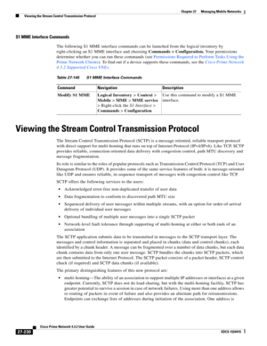 Page 964  
27-230
Cisco Prime Network 4.3.2 User Guide
EDCS-1524415
Chapter 27      Managing Mobile Networks
  Viewing the Stream Control Transmission Protocol
S1 MME Interface Commands
The following S1 MME interface commands can be launched from the logical inventory by 
right-clicking an S1 MME interface and choosing Commands > Configuration. Your permissions 
determine whether you can run these commands (see Permissions Required to Perform Tasks Using the 
Prime Network Clients). To find out if a device...