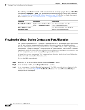 Page 976 
28-8
Cisco Prime Network 4.3.2 User Guide
Chapter 28      Managing Data Center Networks
  Viewing the Virtual Device Context and Port Allocation
The following FabricPath commands can be launched from the inventory by right-clicking FabricPath 
and choosing Commands > Show. Your permissions determine whether you can run these commands 
(see Permissions for Vision Client NE-Related Operations, page B-4). To find out if a device supports 
these commands, see the Cisco Prime Network 4.3.2 Supported Cisco...