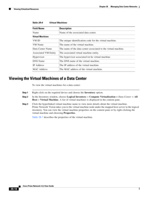 Page 986 
28-18
Cisco Prime Network 4.3.2 User Guide
Chapter 28      Managing Data Center Networks
  Viewing Virtualized Resources
Viewing the Virtual Machines of a Data Center
To view the virtual machines for a data center:
Step 1Right-click on the required device and choose the Inventory option. 
Step 2In the Inventory window, choose Logical Inventory> Compute Virtualization > Data Center > All 
Host> Virtual Machine. A list of virtual machines is displayed in the content pane.
Step 3Click the hyperlinked...