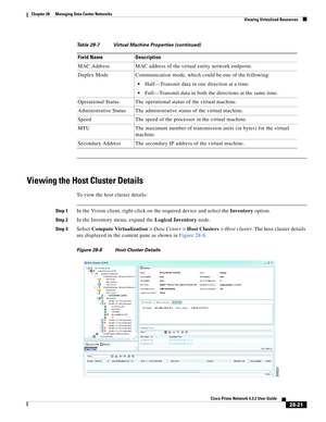 Page 989 
28-21
Cisco Prime Network 4.3.2 User Guide
Chapter 28      Managing Data Center Networks
  Viewing Virtualized Resources
Viewing the Host Cluster Details
To view the host cluster details:
Step 1In the Vision client, right-click on the required device and select the Inventory option.
Step 2In the Inventory menu, expand the Logical Inventory node.
Step 3Select Compute Virtualization> Data Center> Host Clusters> Host cluster. The host cluster details 
are displayed in the content pane as shown in Figure...