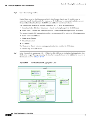 Page 994 
28-26
Cisco Prime Network 4.3.2 User Guide
Chapter 28      Managing Data Center Networks
  Viewing the Map Node for an UCS Network Element
Step 5Close the inventory window.
Each of these parts, i.e. the blade servers, Fabric InterConnect chassis, and IO Modules, can be 
connected to each other internally. For example, an IO Module can be connected to a blade server or 
there could also be a link between the IO Module and Fabric InterConnect chassis. 
The Ethernet links between the different components...