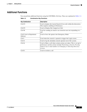 Page 13 
1-3
Cisco Unified Attendant Console User Guide
OL-27294-01
Chapter 1      Getting Started
Using the Keyboard
Additional Functions
You can perform additional functions using the CONTROL (Ctrl) key. These are explained in Ta b l e 1 - 2. 
Table 1-2 Combination Key Functions 
Key Combination Description
Ctrl-F2 Used to display the Lateral Search (Cross tab) within the directories. 
This requires enabling in Preferences
Ctrl-F5 Used to Display My Camped on Calls
Ctrl-M Used for sending an email to an...