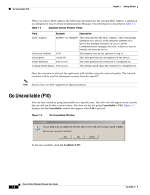 Page 16 
1-6
Cisco Unified Attendant Console User Guide
OL-27294-01
Chapter 1      Getting Started
Go Unavailable (F10)
When you select a MAC address, the following information for the selected MAC Address is displayed 
as configured in Cisco Unified Communications Manager. This information is described in Ta b l e 1 - 4.
Once the extension is selected, the application will initialize using the selected number. The selected 
extension will be used for subsequent sessions from the same PC.
NoteShared Lines are...