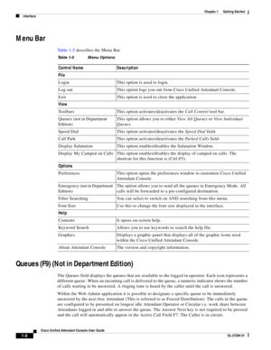 Page 18 
1-8
Cisco Unified Attendant Console User Guide
OL-27294-01
Chapter 1      Getting Started
Interface
Menu Bar
Ta b l e 1 - 5 describes the Menu Bar. 
Queues (F9) (Not in Department Edition)
The Queues field displays the queues that are available to the logged in operator. Each icon represents a 
different queue. When an incoming call is delivered to the queue, a numeric indicator shows the number 
of calls waiting to be answered. A ringing tone is heard by the caller until the call is answered.
Within...