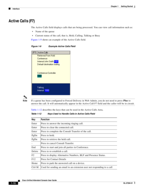 Page 26 
1-16
Cisco Unified Attendant Console User Guide
OL-27294-01
Chapter 1      Getting Started
Interface
Active Calls (F7)
The Active Calls field displays calls that are being processed. You can view call information such as:
Name of the queue
Current status of the call, that is, Held, Calling, Talking or Busy
Figure 1-9 shows an example of the Active Calls field.
Figure 1-9 Example Active Calls Field
NoteIf a queue has been configured to Forced Delivery in Web Admin, you do not need to press Plus to...