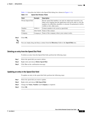 Page 29 
1-19
Cisco Unified Attendant Console User Guide
OL-27294-01
Chapter 1      Getting Started
Interface
Ta b l e 1 - 1 4 describes the fields in the Speed Dial dialog box (shown in Figure 1-11).
Step 3Click OK.
NoteYou can simply drag and drop a contact from the Directory fields to the Speed Dial area.
Deleting an entry from the Speed Dial Field
To delete an entry from the Speed Dial field, perform the following steps:
Step 1Select the speed dial you want to delete.
Step 2Right-click and choose Delete...