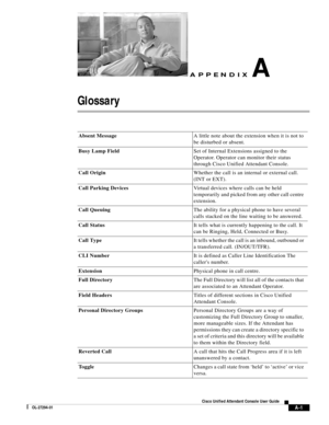 Page 79 
A-1
Cisco Unified Attendant Console User Guide
OL-27294-01
APPENDIXA
Glossary 
Absent MessageA little note about the extension when it is not to 
be disturbed or absent.
Busy Lamp FieldSet of Internal Extensions assigned to the 
Operator. Operator can monitor their status 
through Cisco Unified Attendant Console.
Call OriginWhether the call is an internal or external call. 
(INT or EXT).
Call Parking DevicesVirtual devices where calls can be held 
temporarily and picked from any other call centre...