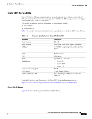 Page 147 
1-127
Cisco Integrated Services Router Hardware Installation Guide
 
Chapter 1      Product Overview
  Cisco 860, 880, 890 Series
Cisco C891 Series ISRs
Cisco C891 Series ISRs are designed to deliver secure broadband, metro Ethernet, wireless LAN 
(WLAN) connectivity, and business continuity. Cisco C891 Series ISRs also provide a 1-port Gigabit 
Ethernet SFP socket for WAN connectivity.
This section includes the hardware information for the following models:
Cisco C891F
Cisco C891FW
Ta b l e 1 - 4 3...