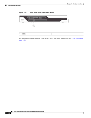 Page 148 
1-128
Cisco Integrated Services Router Hardware Installation Guide
 
Chapter 1      Product Overview
  Cisco 860, 880, 890 Series
Figure 1-79 Front Panel of the Cisco C891F Router
For detailed description about the LEDs on the Cisco C890 Series Routers, see the “LEDs” section on 
page 1-30.
361136
CiscoCisco800Series
OKOKPOEOE
PPPPPP
GE GE LAN
VPN
V.92V.92ISDNISDN
OKOK0
12345
6
7GE8GE8SFP8SFP8FE0FE0WANWAN
B1B1B2B2
POEOE
1
1LEDs 