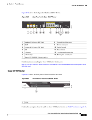 Page 149 
1-129
Cisco Integrated Services Router Hardware Installation Guide
 
Chapter 1      Product Overview
  Cisco 860, 880, 890 Series
Figure 1-80 shows the back panel of the Cisco C891F Router.
Figure 1-80 Back Panel of the Cisco C891F Router
For information on installing the Cisco C890 Series Routers, see:
http://www.cisco.com/en/US/docs/routers/access/800/860-880-890/hardware/installation/guide/2Instal
l880-860.html
Cisco C891FW Router
Figure 1-81 shows the front panel of the Cisco C891FW Router.
Figure...