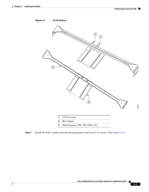 Page 173 
2-3
Cisco Integrated Services Router Hardware Installation Guide
 
Chapter 2      Installing the Router
  Installing the Cisco 810 ISR
Figure 2-1 10-24 Screws
Step 2
Install the PoE+ splitter into the mounting plate with four 6-32 screws. (See Figure 2-2.)
285667
1
1
3
2
110-24 screws
2Box hanger 
3Shelf bracket (PID 700-39491-01) 