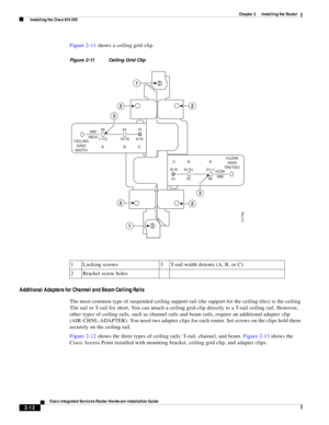 Page 182 
2-12
Cisco Integrated Services Router Hardware Installation Guide
 
Chapter 2      Installing the Router
  Installing the Cisco 810 ISR
Figure 2-11 shows a ceiling grid clip.
Figure 2-11 Ceiling Grid Clip 
Additional Adapters for Channel and Beam Ceiling Rails 
The most common type of suspended ceiling support rail (the support for the ceiling tiles) is the ceiling 
Tile rail or T-rail for short. You can attach a ceiling grid clip directly to a T-rail ceiling rail. However, 
other types of ceiling...