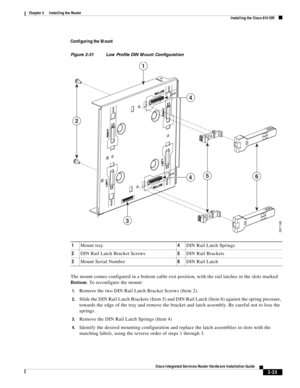 Page 205 
2-35
Cisco Integrated Services Router Hardware Installation Guide
 
Chapter 2      Installing the Router
  Installing the Cisco 810 ISR
Configuring the Mount
Figure 2-31 Low Profile DIN Mount Configuration
The mount comes configured in a bottom cable exit position, with the rail latches in the slots marked 
Bottom. To reconfigure the mount:
1.Remove the two DIN Rail Latch Bracket Screws (Item 2).
2.Slide the DIN Rail Latch Brackets (Item 5) and DIN Rail Latch (Item 6) against the spring pressure,...