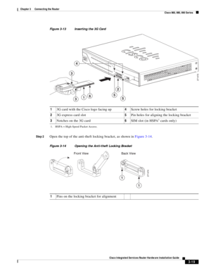 Page 251 
3-19
Cisco Integrated Services Router Hardware Installation Guide
 
Chapter 3      Connecting the Router
  Cisco 860, 880, 890 Series
Figure 3-13 Inserting the 3G Card
Step 2
Open the top of the anti-theft locking bracket, as shown in Figure 3-14.
Figure 3-14 Opening the Anti-theft Locking Bracket
13G card with the Cisco logo facing up4Screw holes for locking bracket
23G express card slot5Pin holes for aligning the locking bracket
3Notches on the 3G card6SIM slot (in HSPA
1 cards only)
1. HSPA =...