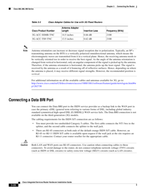 Page 260 
3-28
Cisco Integrated Services Router Hardware Installation Guide
 
Chapter 3      Connecting the Router
  Cisco 860, 880, 890 Series
NoteAntenna orientation can increase or decrease signal reception due to polarization. Typically, an SP’s 
transmitting antenna on the BTS is a vertically polarized omnidirectional antenna, which means the 
electromagnetic waves are transmitted from it in a vertical plane. Hence, the receiving antenna needs to 
be vertically oriented too in order to receive the best...