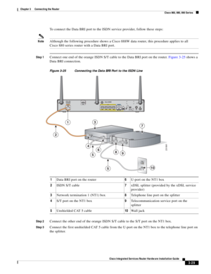 Page 261 
3-29
Cisco Integrated Services Router Hardware Installation Guide
 
Chapter 3      Connecting the Router
  Cisco 860, 880, 890 Series
To connect the Data BRI port to the ISDN service provider, follow these steps:
NoteAlthough the following procedure shows a Cisco 888W data router, this procedure applies to all 
Cisco 880 series router with a Data BRI port.
Step 1Connect one end of the orange ISDN S/T cable to the Data BRI port on the router. Figure 3-25 shows a 
Data BRI connection.
Figure 3-25...