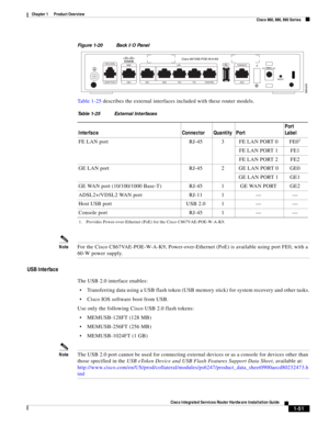 Page 71 
1-51
Cisco Integrated Services Router Hardware Installation Guide
 
Chapter 1      Product Overview
  Cisco 860, 880, 890 Series
Figure 1-20 Back I/O Panel
Ta b l e 1 - 2 5 describes the external interfaces included with these router models.
NoteFor the Cisco C867VAE-POE-W-A-K9, Power-over-Ethernet (PoE) is available using port FE0, with a 
60-W power supply.
USB Interface
The USB 2.0 interface enables:
Transferring data using a USB flash token (USB memory stick) for system recovery and other tasks....