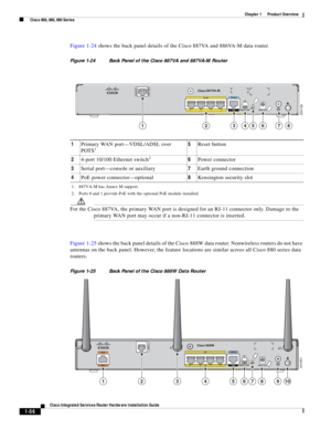 Page 76 
1-56
Cisco Integrated Services Router Hardware Installation Guide
 
Chapter 1      Product Overview
  Cisco 860, 880, 890 Series
Figure 1-24 shows the back panel details of the Cisco 887VA and 886VA-M data router.
Figure 1-24 Back Panel of the Cisco 887VA and 887VA-M Router
Figure 1-25 shows the back panel details of the Cisco 888W data router. Nonwireless routers do not have 
antennas on the back panel. However, the feature locations are similar across all Cisco 880 series data 
routers.
Figure 1-25...