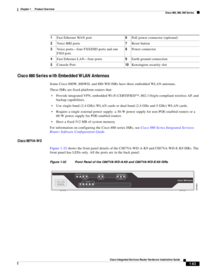 Page 83 
1-63
Cisco Integrated Services Router Hardware Installation Guide
 
Chapter 1      Product Overview
  Cisco 860, 880, 890 Series
Cisco 880 Series with Embedded WLAN Antennas
Some Cisco 880W, 880WD, and 880-WD ISRs have three embedded WLAN antennas. 
These ISRs are fixed-platform routers that:
Provide integrated VPN, embedded Wi-Fi CERTIFIED™, 802.11b/g/n-compliant wireless AP, and 
backup capabilities.
Use single-band (2.4 GHz) WLAN cards or dual-band (2.4 GHz and 5 GHz) WLAN cards. 
Require a single...