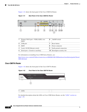 Page 90 
1-70
Cisco Integrated Services Router Hardware Installation Guide
 
Chapter 1      Product Overview
  Cisco 860, 880, 890 Series
Figure 1-41 shows the back panel of the Cisco C886VAJ Router.
Figure 1-41 Back Panel of the Cisco C886VAJ Router
For information on installing Cisco C880 Series Routers, see:
http://www.cisco.com/en/US/docs/routers/access/800/860-880-890/hardware/installation/guide/2Instal
l880-860.html
Cisco C887VA Router 
Figure 1-42 shows the front panel of the Cisco C887VA Router.
Figure...