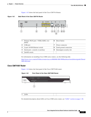 Page 91 
1-71
Cisco Integrated Services Router Hardware Installation Guide
 
Chapter 1      Product Overview
  Cisco 860, 880, 890 Series
Figure 1-43 shows the back panel of the Cisco C887VA Router.
Figure 1-43 Back Panel of the Cisco C887VA Router
For information on installing Cisco C880 series routers, see the following link:
http://www.cisco.com/en/US/docs/routers/access/800/860-880-890/hardware/installation/guide/2Instal
l880-860.html
Cisco C887VAM Router 
Figure 1-44 shows the front panel of the Cisco...