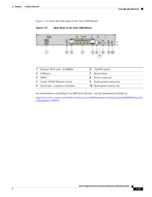 Page 95 
1-75
Cisco Integrated Services Router Hardware Installation Guide
 
Chapter 1      Product Overview
  Cisco 860, 880, 890 Series
Figure 1-47 shows the back panel of the Cisco C888 Router.
Figure 1-47 Back Panel of the Cisco C888 Router
For information on installing Cisco 800 Series Routers, see the information available at:
http://www.cisco.com/c/en/us/td/docs/routers/access/800/hardware/installation/guide/800HIG/installin
g.html#pgfId-1098019
3611350FE LAN
FE LAN
3210
CiscoCisco 888888
SHDSLSHDSL
RJ45...