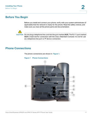 Page 17Installing Your Phone
Before You Begin
Cisco Small Business SPA50X and SPA51X Series SIP IP Phone User Guide 17
2
 
Before You Begin
Before you install and connect your phone, verify with your system administrator (if 
applicable) that the network is ready for the phone. Read the safety notices, and 
make sure you have all the phone parts and documentation.
!
CAUTIONDo not plug a telephone line cord into the port marked AUX. The RJ-11 port marked 
AUX is reserved for connection with the Cisco Attendant...