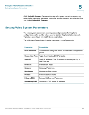 Page 67Using the Phone Web User Interface
Setting Voice System Parameters
Cisco Small Business SPA50X and SPA51X Series SIP IP Phone User Guide 67
5
 
Click Undo All Changes if you want to clear all changes made this session and 
return to the parameter values set before the session began or since the last time 
you clicked Submit All Changes.
Setting Voice System Parameters
The voice system parameters control password protection for the phone 
configuration profile and the values used to identify the phone to...