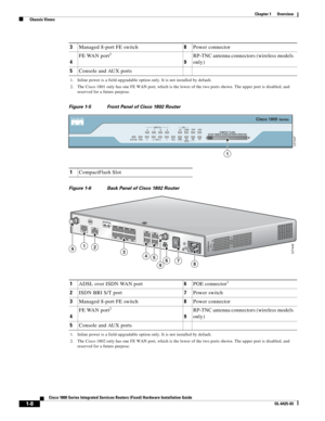 Page 24 
1-8
Cisco 1800 Series Integrated Services Routers (Fixed) Hardware Installation Guide
OL-6425-03
Chapter 1      Overview
  Chassis Views
Figure 1-5Front Panel of Cisco 1802 Router 
Figure 1-6 Back Panel of Cisco 1802 Router
3Managed 8-port FE switch8Power connector
4
FE WAN port2
9
RP-TNC antenna connectors (wireless models 
only)
5Console and AUX ports
1. Inline power is a field-upgradable option only. It is not installed by default.
2. The Cisco 1801 only has one FE WAN port, which is the lower of...