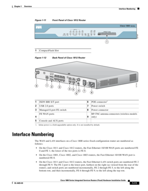 Page 27 
1-11
Cisco 1800 Series Integrated Services Routers (Fixed) Hardware Installation Guide
OL-6425-03
Chapter 1      Overview
  Interface Numbering
Figure 1-11 Front Panel of Cisco 1812 Router 
Figure 1-12 Back Panel of Cisco 1812 Router
Interface Numbering
The WAN and LAN interfaces on a Cisco 1800 series fixed-configuration router are numbered as 
follows:
 On the Cisco 1811 and Cisco 1812 routers, the Fast Ethernet 10/100 WAN ports are numbered FE 
0 and FE
 1; the lower of the two ports is FE 0.
 On...