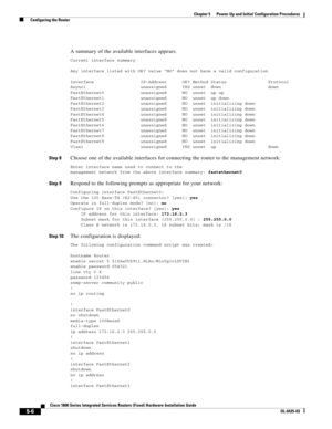 Page 58 
5-6
Cisco 1800 Series Integrated Services Routers (Fixed) Hardware Installation Guide
OL-6425-03
Chapter 5      Power-Up and Initial Configuration Procedures
  Configuring the Router
A summary of the available interfaces appears.
Current interface summary
Any interface listed with OK? value NO does not have a valid configuration
Interface                  IP-Address      OK? Method Status                ProtocolAsync1                     unassigned      YES unset  down...