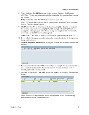 Page 175 
 
 Setting up Input Information 
 
78-4021470-01 Rev J 151 
 
8 Select the CAM slot (CI Slot) to use for decryption. If you set the CI slot to 
AUTO for PE1, the software automatically assigns the slot capable of decrypting 
the stream.  
Note: If CI Slot is set to AUTO, Decrypt must be set to ON. 
Select TOP to use the top CAM slot for decryption or select BOTTOM to use the 
bottom CAM slot for decryption. 
9 The Decryption Mode Determines whether to decrypt the channel or to specify 
the specific...