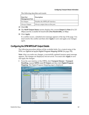 Page 211 
 
 Configuring Transport Stream Information 
 
78-4021470-01 Rev J 187 
 
The following describes each mode: 
Data Port 
Management Port 
Description 
No Output Disables the MPEGoIP interface. 
Always Output Always output data on the port. 
19 Click OK. 
20 The MoIP Output Status section displays the current Output bit Rate (0 to 213 
Mbps) and the available bit bandwidth (Free Bandwidth), in Mbps. 
21 Click Apply. 
If a conflict occurs, a detailed error message appears at the top of the page. You...