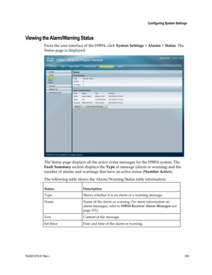 Page 227 
 
 Configuring System Settings 
 
78-4021470-01 Rev J 203 
 
Viewing the Alarm/Warning Status 
From the user interface of the D9854, click System Settings > Alarms > Status. The 
Status page is displayed. 
 
The Status page displays all the active event messages for the D9854 system. The 
Fault Summary section displays the Type of message (alarm or warning) and the 
number of alarms and warnings that have an active status (Number Active). 
The following table shows the Alarm/Warning Status table...