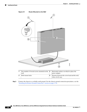 Page 44 
2-8
Cisco 860 Series, Cisco 880 Series, and Cisco 890 Series Integrated Services Routers Hardware Installation Guide
OL-16193-03
Chapter 2      Installing the Router
  Installing the Router
Figure 2-5 Router Mounted on the Wall
Step 3Connect the chassis to a reliable earth ground. For the chassis ground connection procedures, see the 
“Installing the Router Ground Connection” section on page 2-10.
1Two number-10 wood screws mounted on the 
wall3Horizontal surface on which to place the 
power adapter...