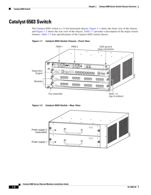 Page 181-2
Catalyst 6500 Series Ethernet Modules Installation Guide
OL-6265-04
Chapter 1      Catalyst 6500 Series Switch Chassis Overview
  Catalyst 6503 Switch
Catalyst 6503 Switch 
The Catalyst 6503 switch is a 3-slot horizontal chassis. Figure 1-1 shows the front view of the chassis 
and Figure 1-2 shows the rear view of the chassis. Ta b l e  1 - 1 provides a description of the major switch 
features. Ta b l e  1 - 2 lists specifications of the Catalyst 6503 switch chassis. 
Figure 1-1 Catalyst 6503 Switch...