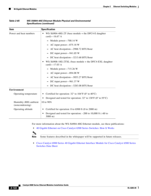 Page 1922-122
Catalyst 6500 Series Ethernet Modules Installation Guide
OL-6265-04
Chapter 2      Ethernet Switching Modules
  40-Gigabit Ethernet Modules
For more information about the WS-X6904-40G Ethernet module, see these publications:
40 Gigabit Ethernet on Cisco Catalyst 6500 Series Switches: How It Works
NoteSome features described in the whitepaper will be supported in future releases.
Cisco Catalyst 6900 Series 40 Gigabit Ethernet Interface Module for Cisco Catalyst 6500 Series 
Switches Data Sheet Power...