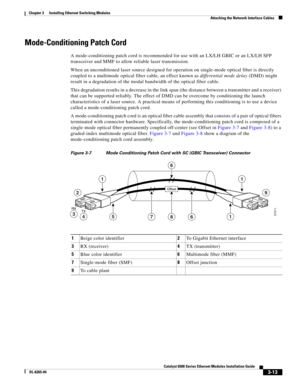 Page 2053-13
Catalyst 6500 Series Ethernet Modules Installation Guide
OL-6265-04
Chapter 3      Installing Ethernet Switching Modules
  Attaching the Network Interface Cables
Mode-Conditioning Patch Cord
A mode-conditioning patch cord is recommended for use with an LX/LH GBIC or an LX/LH SFP 
transceiver and MMF to allow reliable laser transmission. 
When an unconditioned laser source designed for operation on single-mode optical fiber is directly 
coupled to a multimode optical fiber cable, an effect known as...