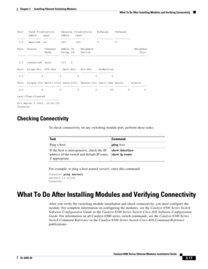 Page 2093-17
Catalyst 6500 Series Ethernet Modules Installation Guide
OL-6265-04
Chapter 3      Installing Ethernet Switching Modules
  What To Do After Installing Modules and Verifying Connectivity
 
Port   Send FlowControl    Receive FlowControl   RxPause    TxPause
       admin    oper       admin    oper
-----  -------- --------   -------- --------     ---------- ----------
 1/1   desired  on         off      off          0          0
 
Port  Status     Channel   Admin Ch    Neighbor...