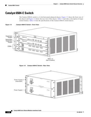 Page 261-10
Catalyst 6500 Series Ethernet Modules Installation Guide
OL-6265-04
Chapter 1      Catalyst 6500 Series Switch Chassis Overview
  Catalyst 6504-E Switch
Catalyst 6504-E Switch
The Catalyst 6504-E switch is a 4-slot horizontal enhanced chassis. Figure 1-5 shows the front view of 
the chassis and Figure 1-6 shows the rear view of the chassis. Ta b l e  1 - 5 provides a description of major 
switch features. Ta b l e  1 - 6 lists the specifications of the Catalyst 6504-E switch chassis. 
Figure 1-5...
