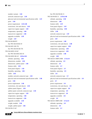 Page 254Index
IN-10
Catalyst 6500 Series Ethernet Modules Installation Guide
OL-6265-04
module variants     2-23
network connector type     2-24
physical and environmental specifications table     2-27
ports     2-24
power requirement     2-27, 2-28
restrictions, slot and chassis     2-25
supervisor engine support     2-24
temperature, operating     2-28
transceivers supported     2-26
upgrades available     2-25
weight     2-27
WS-X6148-RJ45V
See WS-X6148-RJ-45
WS-X6148V-GE-TX
See WS-X6148-GE-TX...