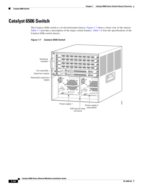 Page 301-14
Catalyst 6500 Series Ethernet Modules Installation Guide
OL-6265-04
Chapter 1      Catalyst 6500 Series Switch Chassis Overview
  Catalyst 6506 Switch
Catalyst 6506 Switch
The Catalyst 6506 switch is a 6-slot horizontal chassis. Figure 1-7 shows a front view of the chassis. 
Table 1-7 provides a description of the major switch features. Ta b l e  1 - 8 lists the specifications of the 
Catalyst 6506 switch chassis. 
Figure 1-7 Catalyst 6506 Switch 
18224
INPUT
OKFA N
OKOUTPUT
FA I
L
o
INPUT
OKFA N...
