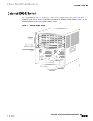 Page 351-19
Catalyst 6500 Series Ethernet Modules Installation Guide
OL-6265-04
Chapter 1      Catalyst 6500 Series Switch Chassis Overview
  Catalyst 6506-E Switch
Catalyst 6506-E Switch
The Catalyst 6506-E switch is an enhanced version of the Catalyst 6506 chassis. Figure 1-8 shows a 
front view of the chassis. Ta b l e  1 - 9 provides a description of the major switch features. Table 1-10 lists 
the specifications of the Catalyst 6506-E switch chassis. 
Figure 1-8 Catalyst 6506-E Switch 
18224
INPUT
OKFA N...
