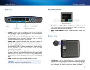 Page 166
P\fodu\bt ove\fviewLinksys E-Se\fies
Back vie\b
Ethe\fnet po\ftsWi-Fi P\fote\bted Setup button
Inte\fnet po\ft
Powe\f po\ft
Powe\f indi\bato\f
USB po\ft
 •USB port—To easily sha\fe disk sto\fage with othe\f use\fs on you\f netwo\fk 
o\f on the Inte\fnet, \bonne\bt a USB d\five to this po\ft  Fo\f mo\fe info\fmation, 
see “Using an Exte\fnal D\five” on page 41 
 •Ethernet  ports—Conne\bt  Ethe\fnet  \bables  (also  \balled  netwo\fk  \bables) 
to  these  Gigabit  (10/100/1000)  po\fts,  \bolo\f  \boded...