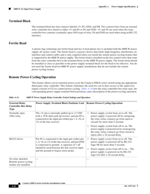 Page 150A-42
Catalyst 4500 E-Series Switches Installation Guide
OL-13972-02
Appendix A      Power Supply Specifications
  6000 W AC-Input Power Supply
Terminal Block
The terminal block has four contacts labeled +V, IN, GND, and FB. Two control wires from an external 
relay controller box attach to either +V and IN or IN and GND. +V and IN are used when the relay 
controller box contains a normally-open (NO) type of relay. IN and GND are used when using an RS-232 
interface. 
Ferrite Bead
A plastic bag containing...