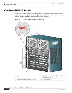 Page 32  
1-22
Catalyst 4500 E-Series Switches Installation Guide
OL-13972-02
Chapter 1      Product Overview
Catalyst 4510R+E Switch
Catalyst 4510R+E Switch
The Catalyst 4510R+E switch is a 10-slot horizontal chassis supporting redundant power supplies, 
redundant supervisor engines, and slots for up to nine modules. Figure 1-6 shows a front view of the 
Catalyst 4510R+E switch with the chassis major features identified.
Figure 1-6 Catalyst 4510R+E Switch Chassis (Front View)
1Fan tray3Supervisor engines...